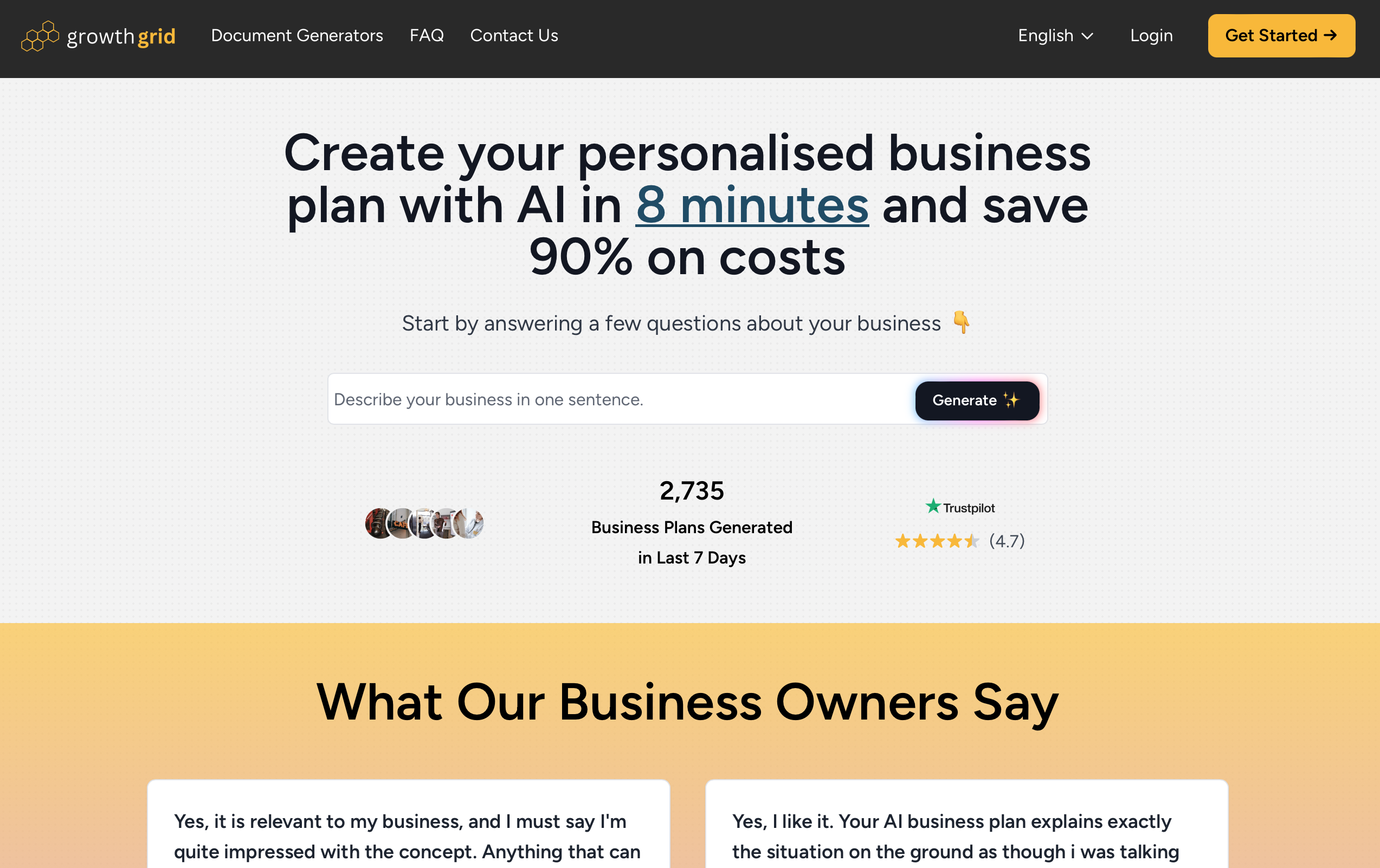 Sitio web de GrowthGrid - generador de planes de negocio con IA